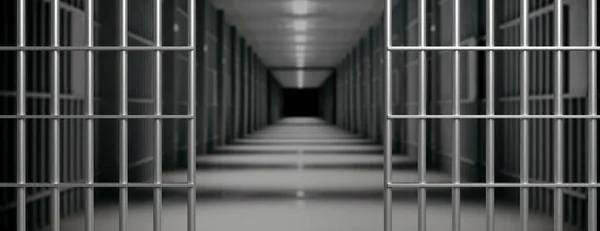 监狱内部 牢笼打开 空旷的走廊 黑暗的背景 自由概念 3D说明 — 图库照片