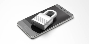Beyaz arka planda izole edilmiş bir cep telefonundaki asma kilit. Akıllı telefon kilitli, antivirüs, hırsızlık karşıtı, veri koruma konsepti. 3d illüstrasyon