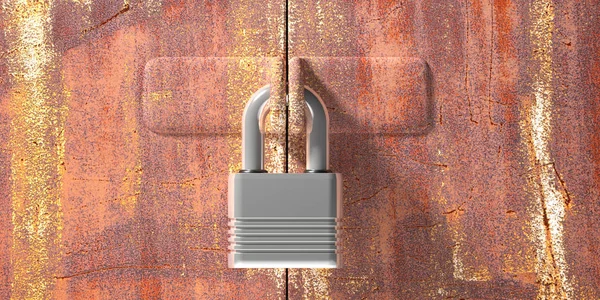 门工业锁 锁闭锁 金属铬锁闭锁 生锈的工业门入口背景 安全概念 3D说明 — 图库照片