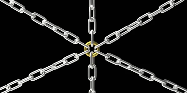 Αλυσίδες Συνδεδεμένες Έναν Χρυσό Κρίκο Απομονωμένες Μαύρο Φόντο Σύνδεση Κεντρικού — Φωτογραφία Αρχείου