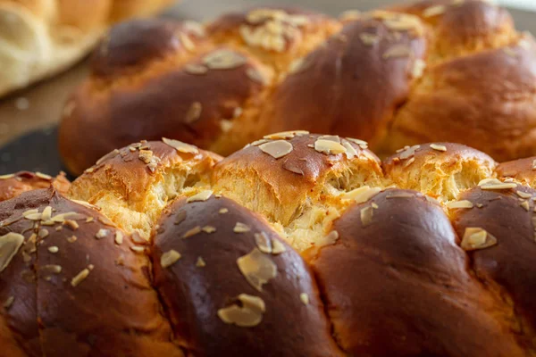 Pasqua Tsoureki Pane Dolce Sfondo Cozonac Vista Vicino Brioche Intrecciate — Foto Stock