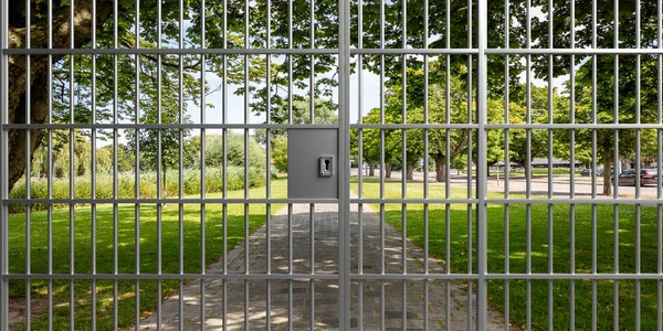 Privacy Entry Concept View Green Park Closed Metal Door Prison — Stock Photo, Image