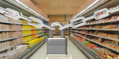 Güvenli e-alışveriş konsepti. Bulanık süpermarket koridorlarına asma kilitli metal zincir. Bakkaldan güvenli bir alışveriş. 3d illüstrasyon