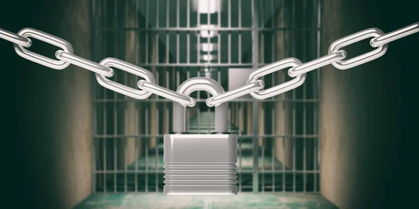 Prison Safety Locked Metal Chain Padlock Blurred Jail Bars Corridor — Stock Photo, Image