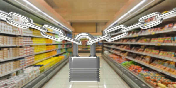 Secure e-shopping concept. Locked metal chain with padlock against blurred supermarket corridors background. Safe online purchase of groceries. 3d illustration
