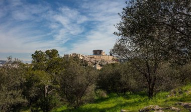 Atina, Yunanistan. Akropolis ve Parthenon tapınağı. Antik Yunan manzarası, Philopappos Tepesi 'ndeki zeytin ağaçları boyunca devam ediyor. Kışın güneşli bir gün..