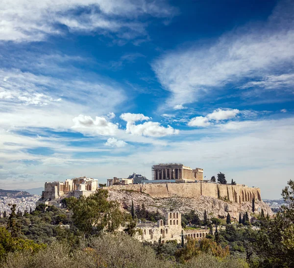 Aten Grekland Akropolis Och Parthenon Tempel Högsta Sevärdhet Scenisk Över — Stockfoto
