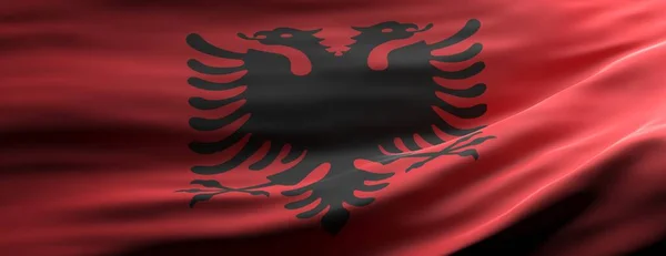 Σύμβολο Υπογραφής Αλβανίας Αλβανική Εθνική Σημαία Κυματίζει Φόντο Υφής Πανό — Φωτογραφία Αρχείου