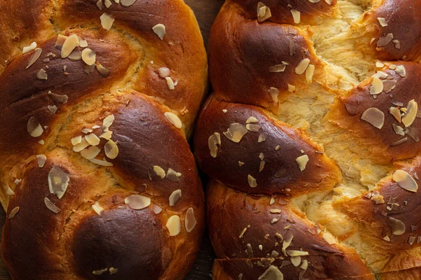 Pão Doce Páscoa Tsoureki Cozonac Fundo Vista Superior Brioche Trançado — Fotografia de Stock