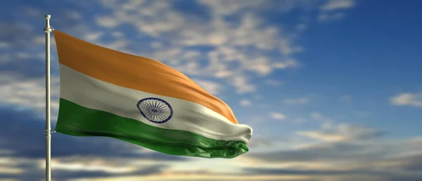 印度的标志 印度国旗在杆子上飘扬 蓝天映衬着云彩 3D说明 — 图库照片