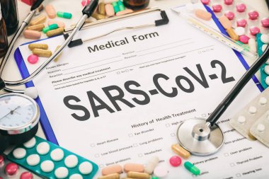SARS CoV2. Medical form, diagnosis coronavirus flu, pandemic virus infection concept. 3d illustration clipart