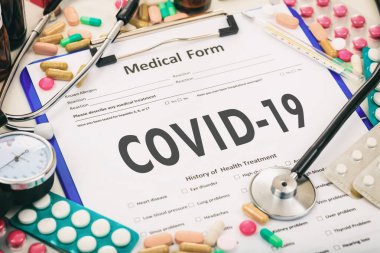 Sars Cov2. Tıbbi form, teşhis koronavirüs gribi, salgın virüs enfeksiyonu konsepti. 3d illüstrasyon