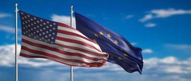 Biz ve Eu akrabayız. Avrupa Birliği ve Amerika Birleşik Devletleri bayrağını kutuplarda sallıyor, mavi gökyüzü bulutlu. 3d illüstrasyon