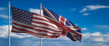 Biz ve Uk ilişkisi. Avrupa Birliği ve Birleşik Krallık bayrakları kutuplarda dalgalanıyor, mavi gökyüzü bulutlu arka plan. 3d illüstrasyon