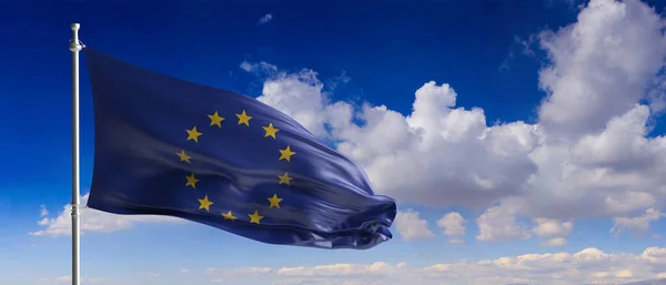 EU sign, symbol. European Union flag waving on a pole, blue sky with clouds background. United Europe concept. 3d illustration