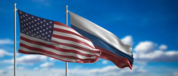 우리와 러시아의 관계입니다 러시아와 미국은 하늘을 배경으로 기둥에 깃발을 흔들고 — 스톡 사진