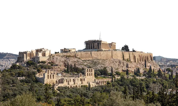 Atenas Grecia Acrópolis Partenón Templo Philopappos Hill Fondo Blanco Espacio — Foto de Stock