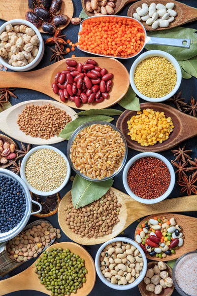 Legumen Pulseren Achtergrond Legumes Verscheidenheid Platte Lay Peulvruchten Kruiden Gedroogd — Stockfoto