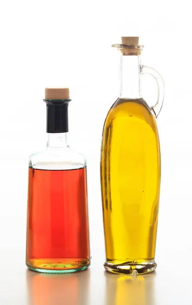 Bouteilles Huile Olive Vinaigre Isolées Bouteilles Verre Transparent Avec Bouchon — Photo