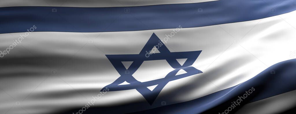 Israel sign symbol. Israeli national flag waving texture background, banner. 3d illustration