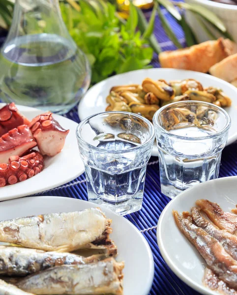 Ouzo Raki Alcohol Seafood Meze White Dishes Two Glasses Various — Stock Photo, Image