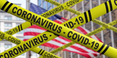 Coronavirus, Amerika 'da 19 karantinaya alındı. Usa Birliği konseptinde salgın hastalık yayıldı. Sarı uyarı çizgileri, Amerikan bayrağı arkaplanı. 3d illüstrasyon
