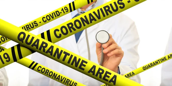 Coronavirus Covid19 Zona Quarantena Testo Strisce Avvertimento Gialle Medico Con — Foto Stock