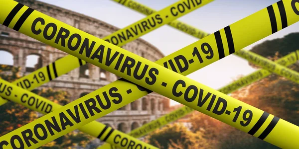 부아르 코로나 바이러스 세계적 유행성 바이러스가 이탈리아에서 유행하였다 노란색 줄무늬에 — 스톡 사진