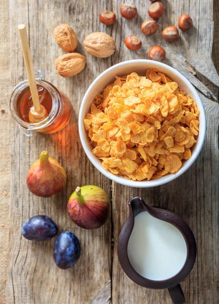 Desayuno Copos Maíz Plano Laico Tazón Con Hojuelas Maíz Frutas — Foto de Stock