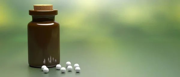 Homöopathie Apotheke Pflanzliche Natürliche Medizin Konzept Glasflasche Und Weiße Homöopathische — Stockfoto