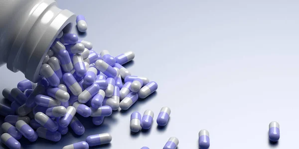 Capsule medicine pills, health pharmacy concept. Drugs for treatment medication. Blue white color capsules scattered out of a bottle on blue background, 3d illustration
