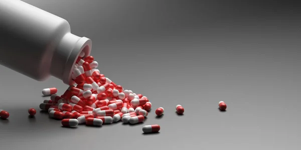胶囊药丸 健康药学概念 治疗药物 红色白色胶囊分散在灰色背景的瓶子中 3D插图 — 图库照片