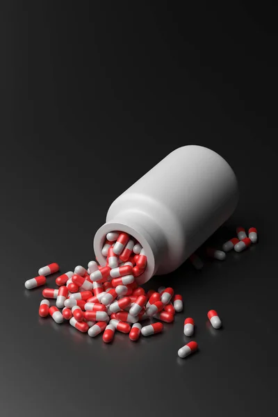 Capsule medicine pills, health pharmacy concept. Drugs for treatment medication. Red white capsules scattered out of a bottle on black color background, vertical, 3d illustration