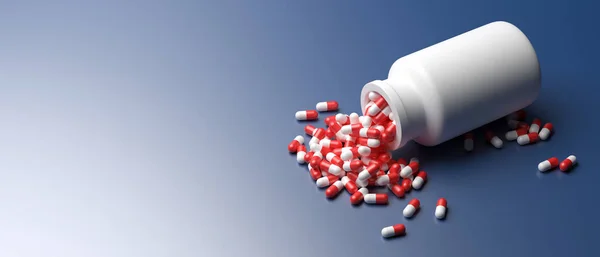 胶囊药丸 健康药学概念 治疗药物 红色白色胶囊分散在蓝色背景 3D插图的瓶子中 — 图库照片