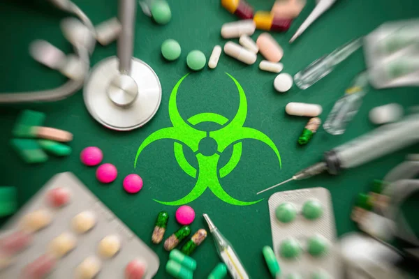 Вірус Плоский Концепція Терапії Вірусний Знак Зеленому Тлі Божевіллям Медичними — стокове фото