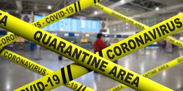 輸送中のコロナウイルスCoid19検疫エリア 黄色の警告ストライプ 空港ターミナルの背景にテキスト 流行性ウイルスの拡散と航空の概念 3Dイラスト — ストック写真