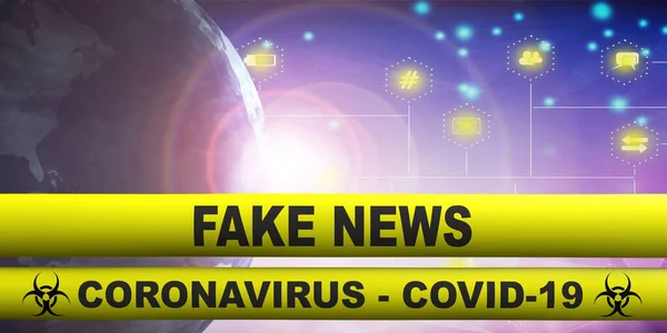 Covid19 Coronavirus Falska Nyheter Text Gula Varningsränder Abstrakt Digital Bakgrund — Stockfoto