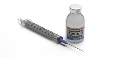 Coronavirus Covid 19 Aşısı. Tıbbi enjeksiyon şırıngası ve şişe beyaz arka planda izole edilmiş. Sağlık bakımı aşısı araştırma konsepti. 3d illüstrasyon