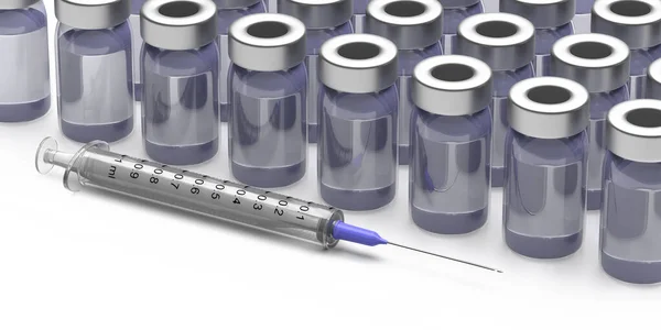 Vaccination Health Care Concept Medical Injection Syringe Vaccine Vials Blue — Stock Photo, Image