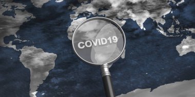 COVID 19 Coronavirus hastalığı küresel enfeksiyon konsepti, dünya haritasının arka planında tıbbi büyüteç. Covid19 izleme, tespit. 3d illüstrasyon