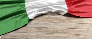 İtalya bayrağı. Tahta masa arkasına İtalyanca işaret sembolü yerleştirilmiş. İtalya ulusu, dil, kültür konsepti, kopyalama alanı, şablon modeli. 3d illüstrasyon