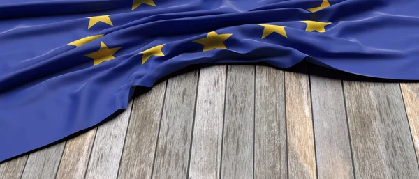 Flaga Symbol Znak Europy Umieszczony Drewnianym Tle Stołu Języki Unii — Zdjęcie stockowe