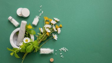Alternatif bitkisel ilaç. Homeopatik küreler, yeşil arka planda taze yabani çiçekler ve otlar. Aromaterapi, Homeopati doğal ürünleri.