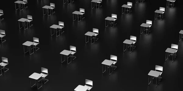 Social distancing concept. Empty chairs and desks in a dinstance on black background. Keep distance to protect Covid19 coronavirus outbreak spread, 3d illustration