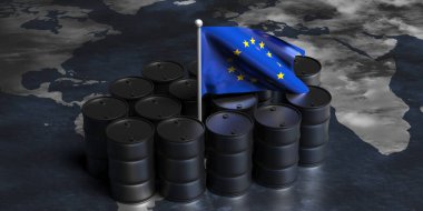 AB Petrol Sanayii. Siyah variller, dünya haritasında ham petrol ve Avrupa Birliği bayrağını taşıyor. 3d illüstrasyon
