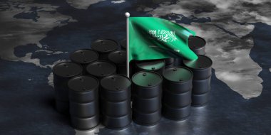 Suudi Arabistan Petrol Sanayii. Dünya haritasında siyah variller ham petrol ve Suudi Arabistan bayrağı taşıyor. 3d illüstrasyon