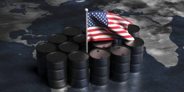 Amerikan petrol endüstrisi, Amerika 'nın en büyük petrol üreticisi. Siyah variller ABD 'nin ham petrol ve bayrağını dünya haritasında 3 boyutlu bir illüstrasyonla gösteriyor.