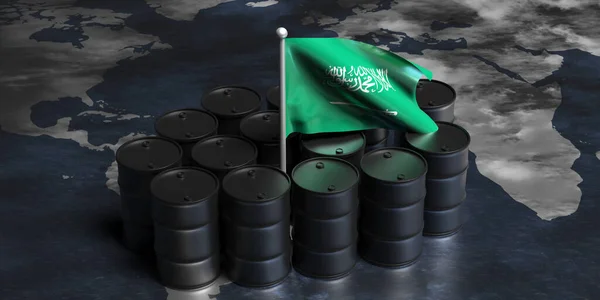 Szaúd Arábia Olajipara Fekete Hordók Nyersolaj Szaúd Arábiai Zászló Egy — Stock Fotó