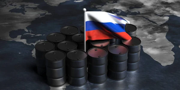 俄罗斯石油工业 黑鼓桶原油和俄罗斯国旗在世界地图上 3D说明 — 图库照片
