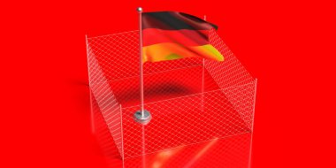 Almanya kapalı sınır kavramı. Alman bayrağı tel örgülerle çevrili, kırmızı arkaplan. COVID 19 salgın karantina, 3 boyutlu illüstrasyon